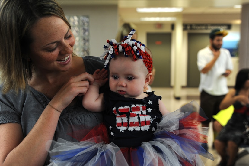 Mrs. Courtni Wicker and her daughter Chloe Wicker wait for Capt. John Wicker to arrive at the Passenger Terminal on July 1, Joint Base Charleston Air Base, S.C.  Captain Wicker was one of more than 120 Airmen from the 17th Airlift Squadron returning home after a four-month deployment to the Middle East. While deployed, the Airmen flew roughly 2, 850 sorties and airlifted more than 107 million pounds of cargo throughout the area of responsibility.  (U.S. Air Force photo Staff Sgt. Nicole Mickle)