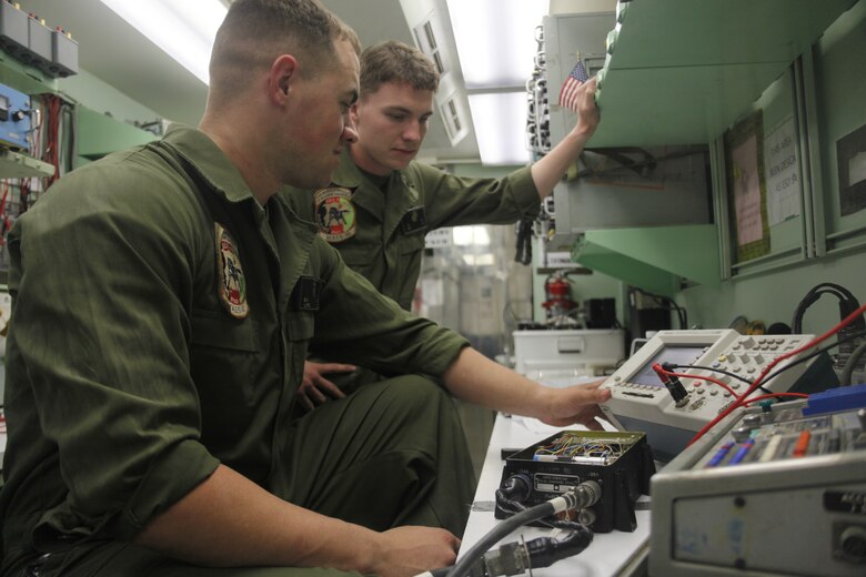 Lance Cpl. Matthew Dubois, left, and Cpl. Isaac Page run tests on a piece of repaired flight control equipment at Camp Bastion, Afghanistan, July 6. Dubois, a native of Beloit, Wisc. and Page, a native of Lincolnton, N.C., are both aircraft electrical, instrument, and flight control systems technicians.