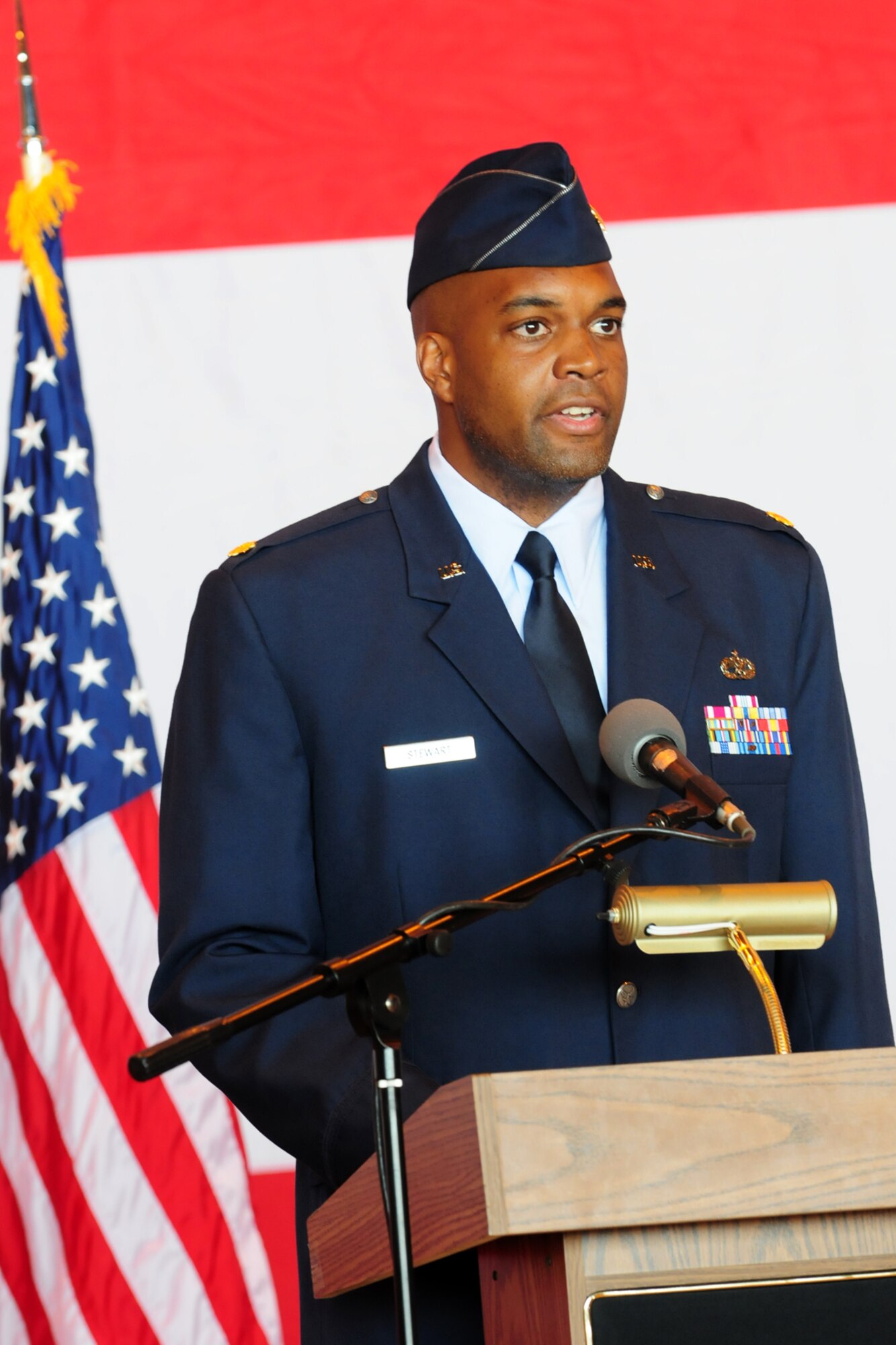 Major Louis G. Stewart accepted command of the 552 Maintenance Squadron in a June 29 ceremony.  He informed his squadron that he seeks to establish a prideful culture in the maintenance squadron and reminded them of the challenges that remain ahead.  (Photo by Kelly White) 