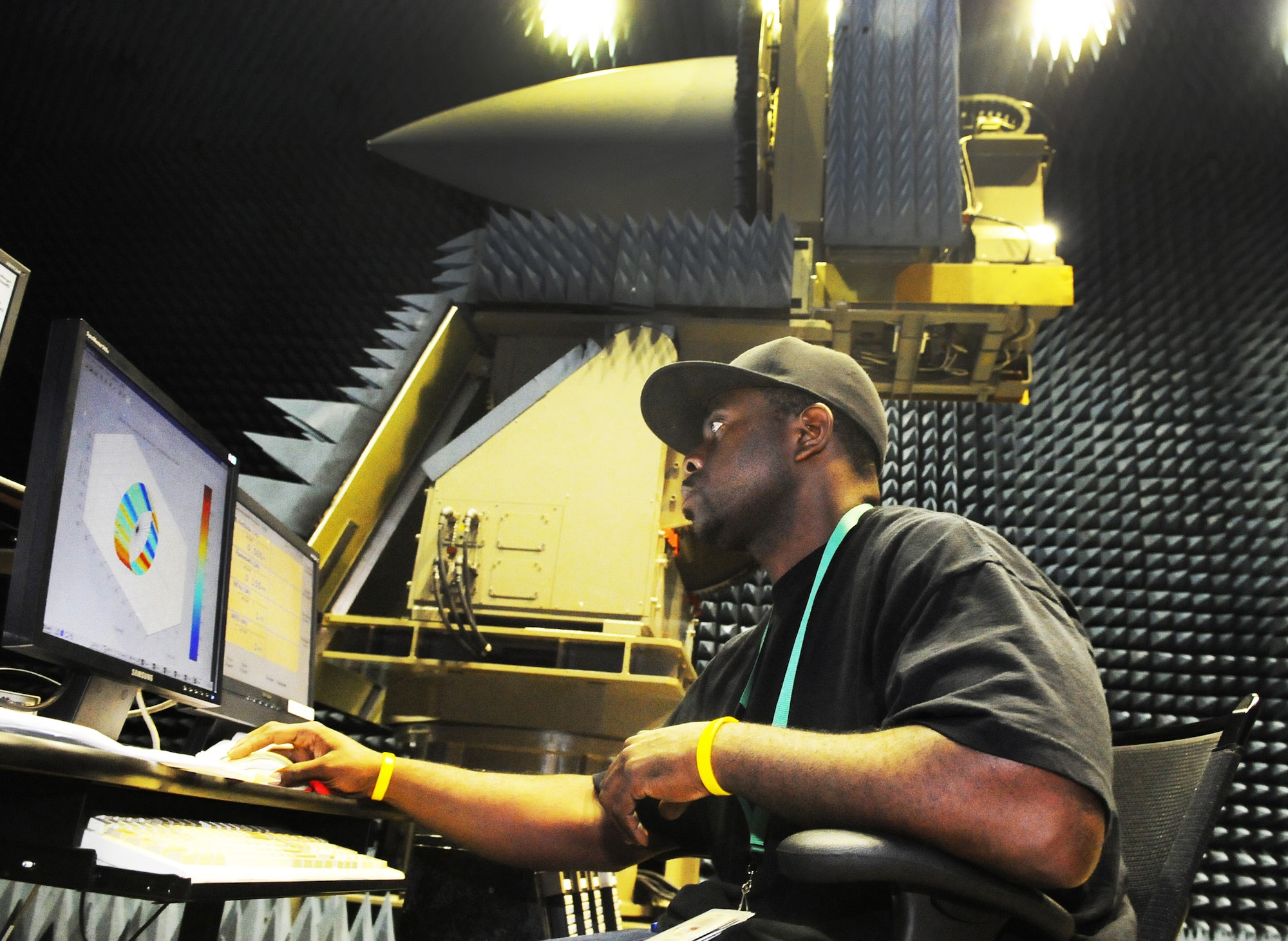 Kelcey Jones, electronic technician, runs a test on an F-15 radome. U. S. Air Force photo by Sue Sapp