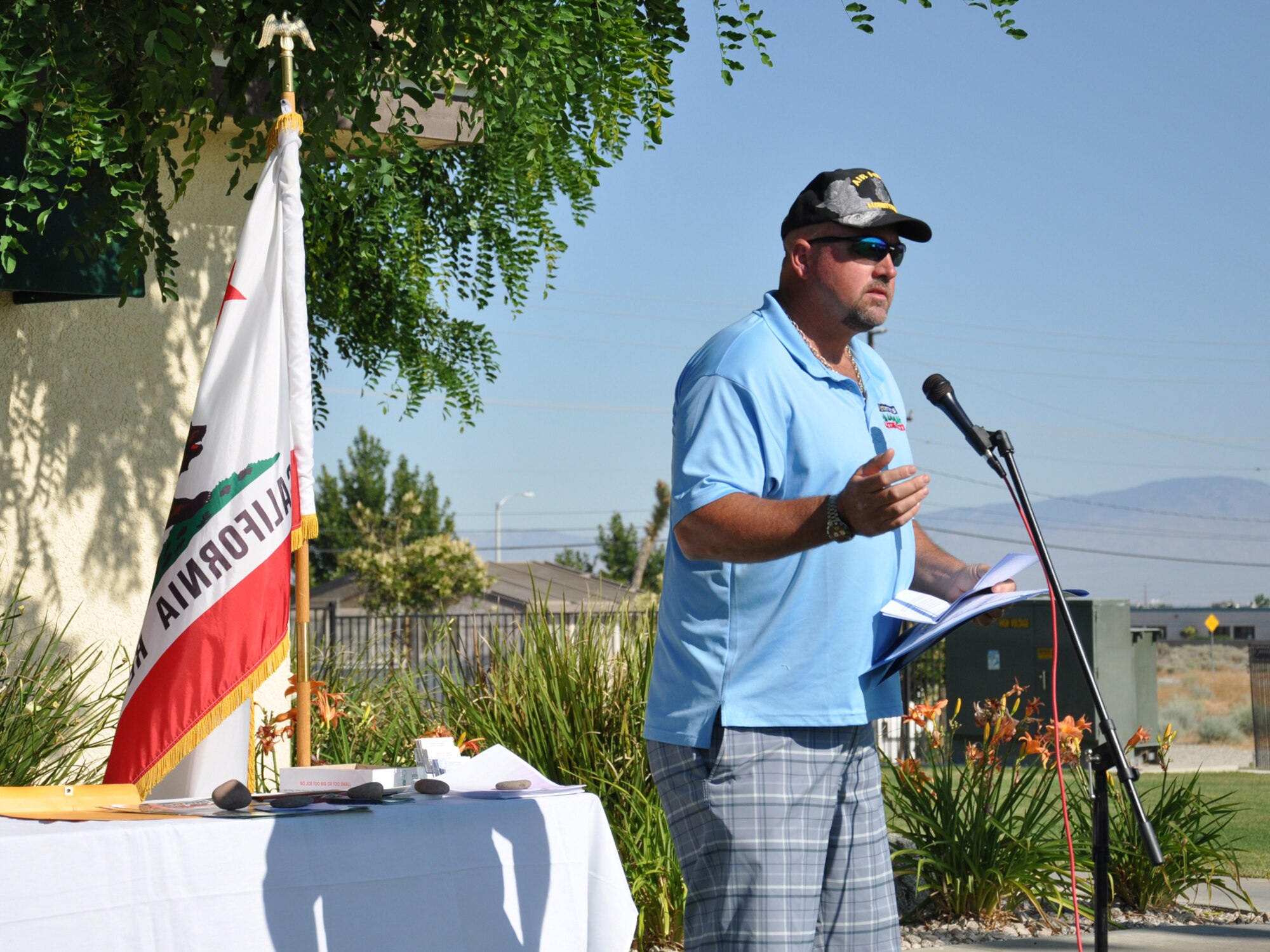 Richard Sheffield, executive director of Veterans for Trees, addresses the assembled July 3. Sheffield, an Air Force veteran, plans to plant more than 25 million trees in honoring veterans across the nation. (Air Force photo by Mike Strickler)