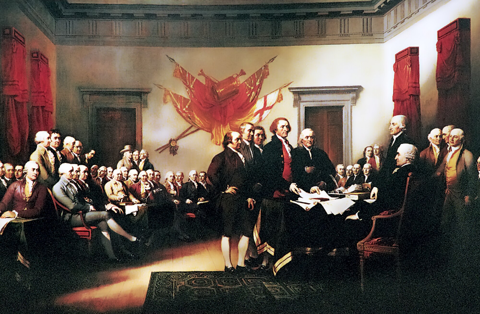 The painting depicts the presentation of the Declaration of Independence to the Second Continental Congress. The document’s drafting committee consisted of Thomas Jefferson, John Adams, Benjamin Franklin, Robert Livingston and Roger Sherman. It was painted in 1817 and has hung in the U.S. Capitol since 1826. (Painting by John Trumbull)