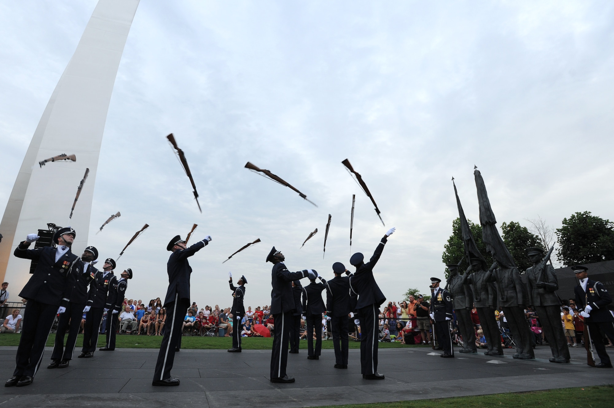 The U.S. Air Force Honor Guard Drill Team honors past and present servicemembers with a performance at the Air Force Memorial on July 4. The USAF Drill Team, followed by the U.S. Air Force Band precluded the Washington D.C. fireworks display. (U.S. Air Force photo by Staff Sgt. Christopher Ruano)