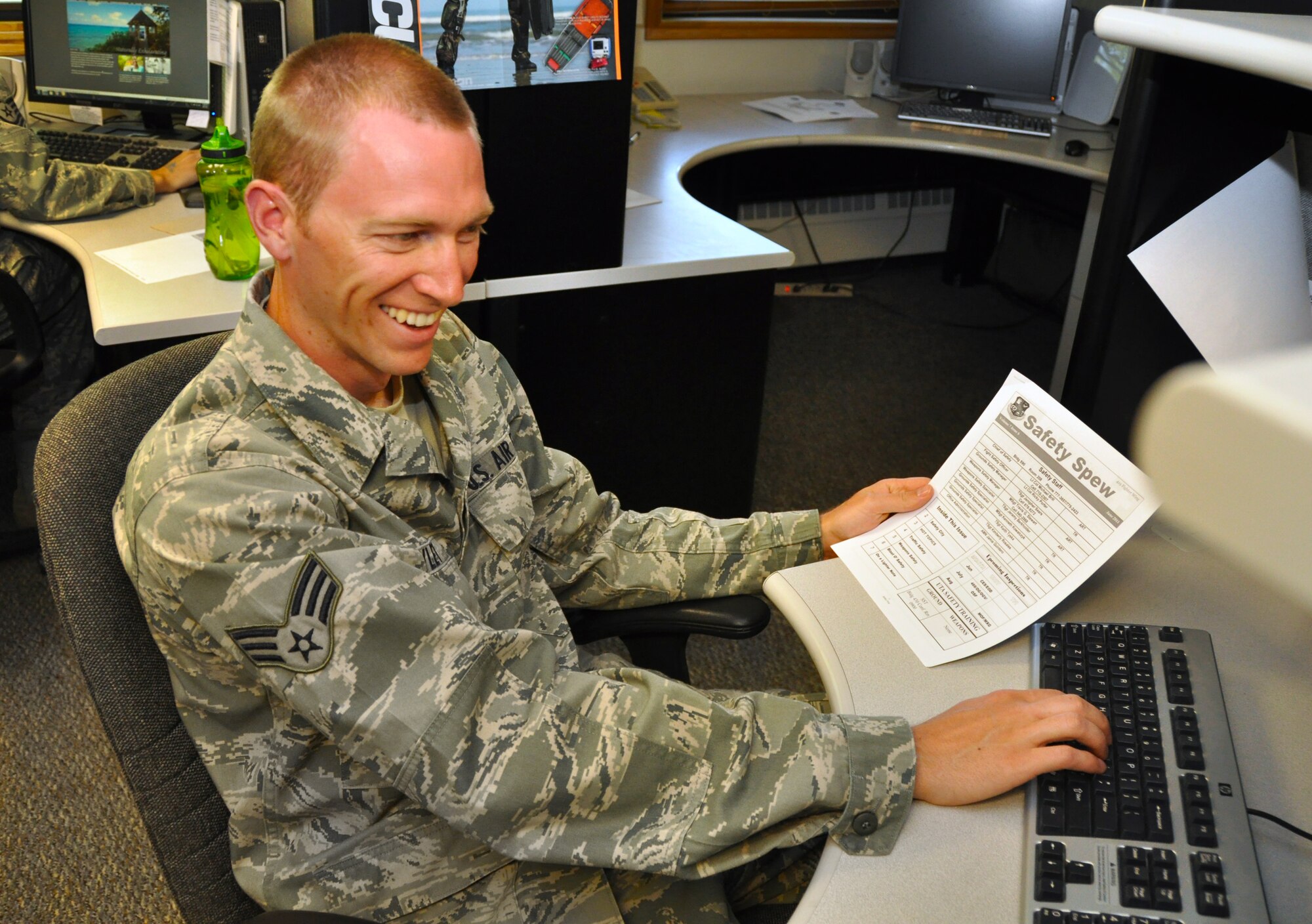 Senior Airman Benjamin Dayley, 419th Force Support Squadron, works at his desk. Airman Dayley is the safety representative for the unit. He helps in the dining facility and the fitness center to make sure Airmen in the 419th are fit and healthy. (U.S. Air Force photo/Airman 1st Class Crystal Charriere)