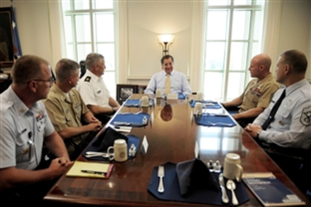 Defense Secretary Leon E. Panetta hosts a meeting with the senior enlisted advisors from each service at the Pentagon, July 6, 2011. From left to right, the advisors are: Master Chief Petty Officer of the Coast Guard Michael P. Leavitt; Master Chief Petty Officer of the Navy Rick D. West; Sgt. Maj. of the Army Raymond F. Chandler III; Sgt. Major of the Marine Corps Michael Barrett; and Chief Master Sgt. of the Air Force James A. Roy.