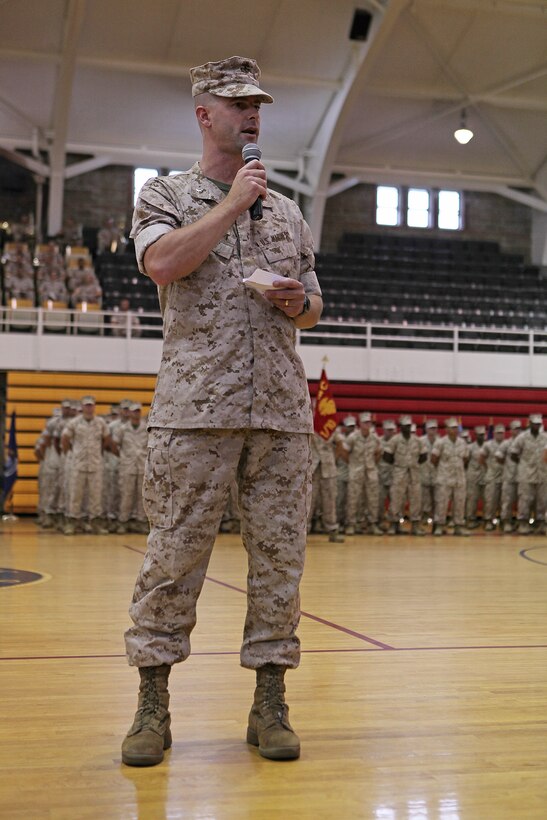 Lieutenant Col. Robert J. Hallett, the incoming commanding officer for 1st Battalion, 10th Marine Regiment, 2nd Marine Division, speaks to the crowd and his new Marines during a change of command ceremony aboard Marine Corps Base Camp Lejeune, July 7, 2011. Hallett is relieving Lt. Col. Jeffrey C. Smitherman as the commanding officer of 1/10.