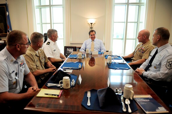 Defense Secretary Leon E. Panetta hosted a luncheon for the senior enlisted advisors from each service at the Pentagon July 6, 2011. From left to right, the advisors were: Master Chief Petty Officer of the Coast Guard Michael P. Leavitt; Master Chief Petty Officer of the Navy Rick D. West; Sgt. Maj. of the Army Raymond F. Chandler III; Sgt. Major of the Marine Corps Michael Barrett; and Chief Master Sgt. of the Air Force James A. Roy.  (Defense Department photo/ Tech. Sgt. Jacob N. Bailey)