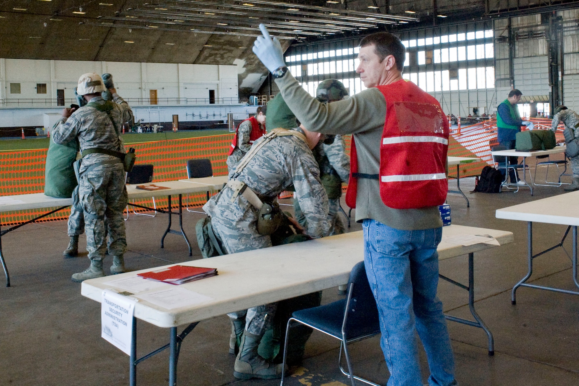 Airmen inspected each and every bag for prohibited items during a Phase I Operational Readiness Exercise at Ellsworth Air Force Base, S.D.,  June 22, 2011.  The mobility bags were checked to ensure all Airmen were in compliance, and items listed as contraband did not enter into the exercise area. (U.S. Air Force photo/Airman Alystria Maurer/Released)