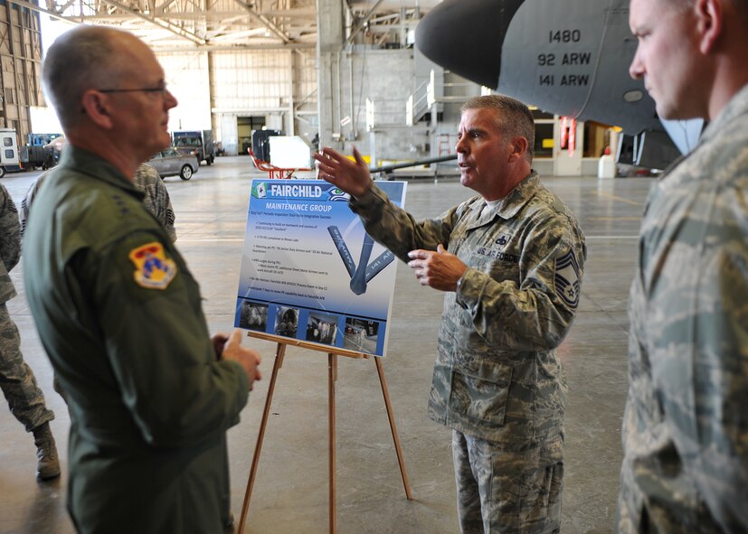 Lt. Gen. Robert R. Allardice, Commander, 18th Air Force commander, speaks to Chief Master Sgt. William Cole, 92 Maintenance Group superintendant about operations at Grant County International Airport in Moses Lake Wash., June, 29. Fairchild flying operations are being held out of Grant County International Airport until November for repairs to Fairchild’s runways. (U.S. Air Force photo/Staff. Sgt. Michael Means)
