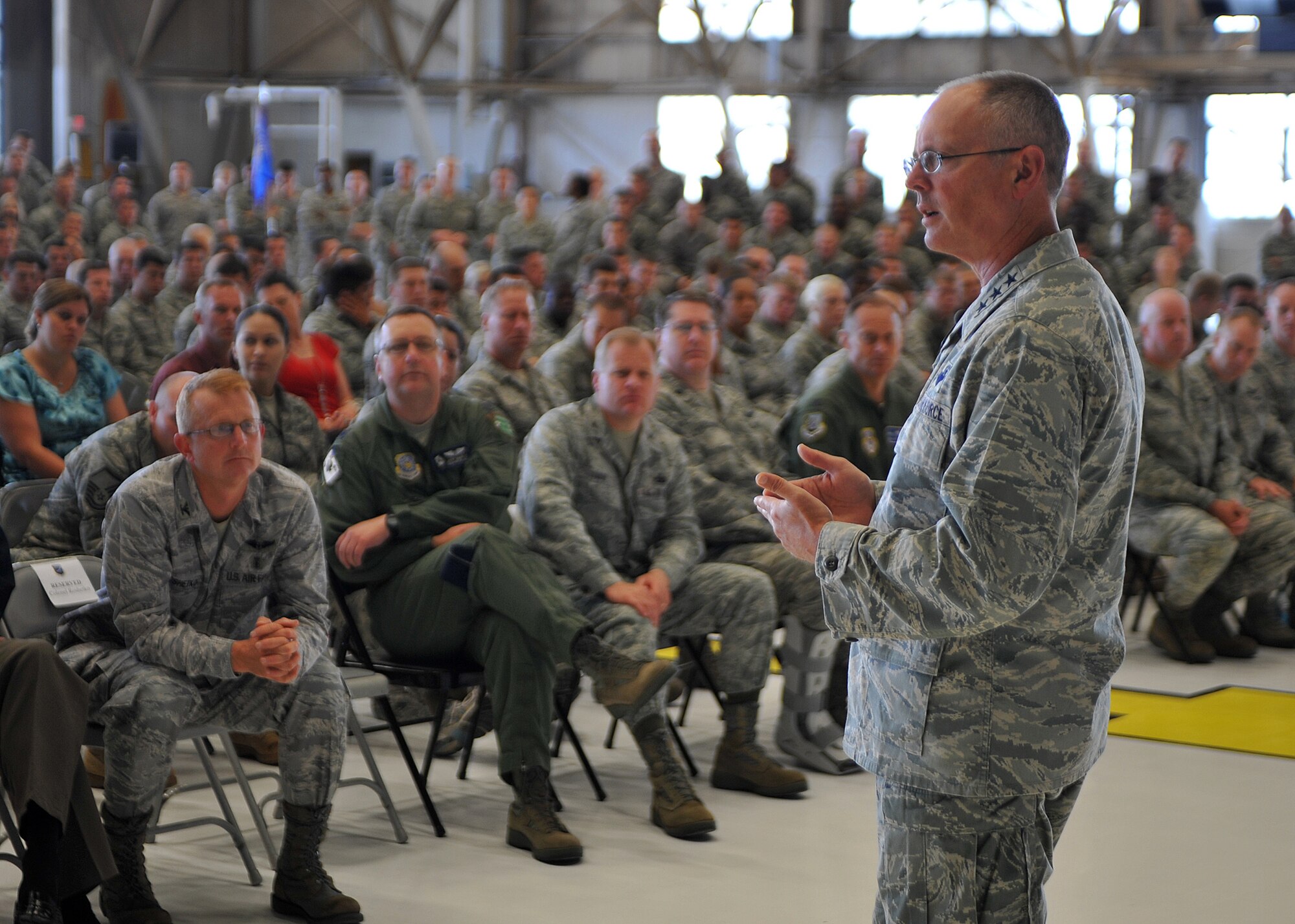 Lt. Gen. Robert R. Allardice, Commander, 18th Air Force commander, speaks members of Team Fairchild at a 92nd Air Refueling Wing all call at Fairchild Air Force Base, Wash., June, 30. During all call General Allardice took time to answer questions that the Airman had. (U.S. Air Force photo/Staff. Sgt. Michael Means)