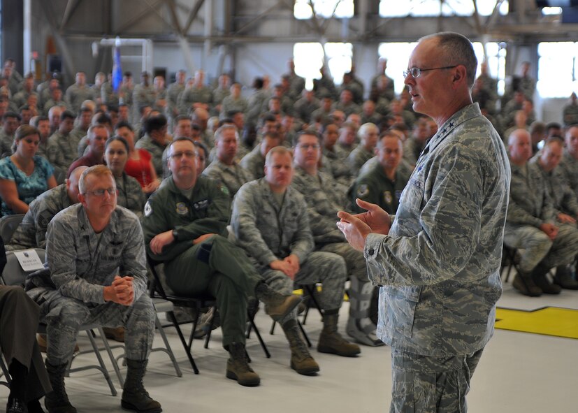 Lt. Gen. Robert R. Allardice, Commander, 18th Air Force commander, speaks members of Team Fairchild at a 92nd Air Refueling Wing all call at Fairchild Air Force Base, Wash., June, 30. During all call General Allardice took time to answer questions that the Airman had. (U.S. Air Force photo/Staff. Sgt. Michael Means)