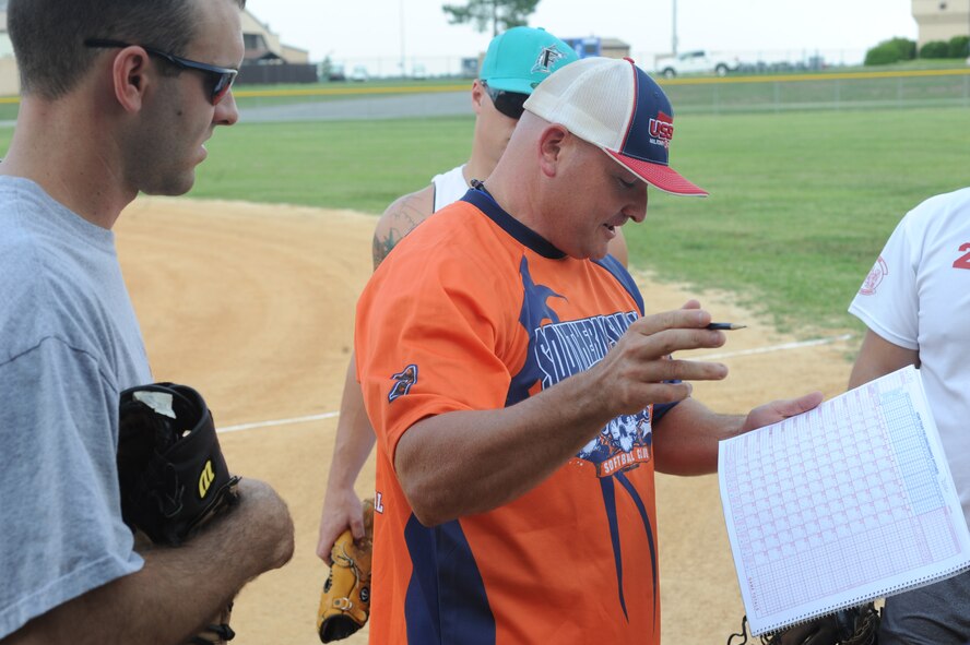 Brian Hicks, 23rd Logistics Readiness Squadron, sets the batting lineup and field positions for the 23rd Component Maintenance Squadron softball team at Moody Air Force Base, Ga., July 6, 2011. The 23rd CMS picked Hicks as a free agent in the player’s pool to participate with the team. (U.S. Air Force photo by Airman 1st Class Paul Francis/Released)