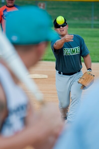 Eugene Quigley, 723rd Aircraft Maintenance Squadron, throws a pitch to a 23rd Component Maintenance Squadron batter during an intramural softball game at Moody Air Force Base, Ga., July 6, 2011. Quigley struck out four batters during the game. The 723rd AMXS won 12-3. (U.S. Air Force photo by Jamal D. Sutter/Released)