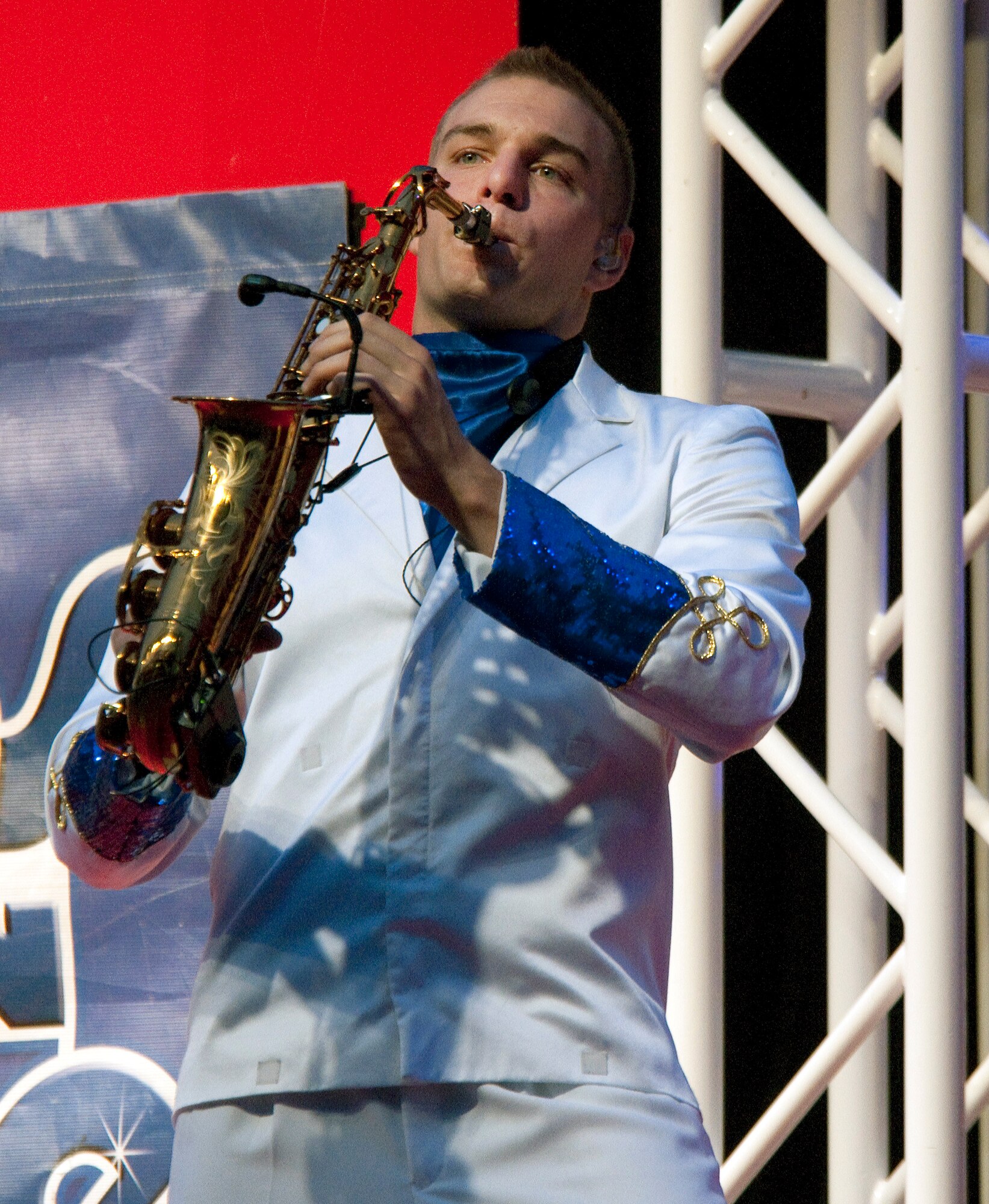 Airman 1st Class Ryan Ratkowski plays the saxophone for the Air Force’s entertainment troupe “Tops in Blue.” (U.S. Air Force photo by R.J. Oriez)