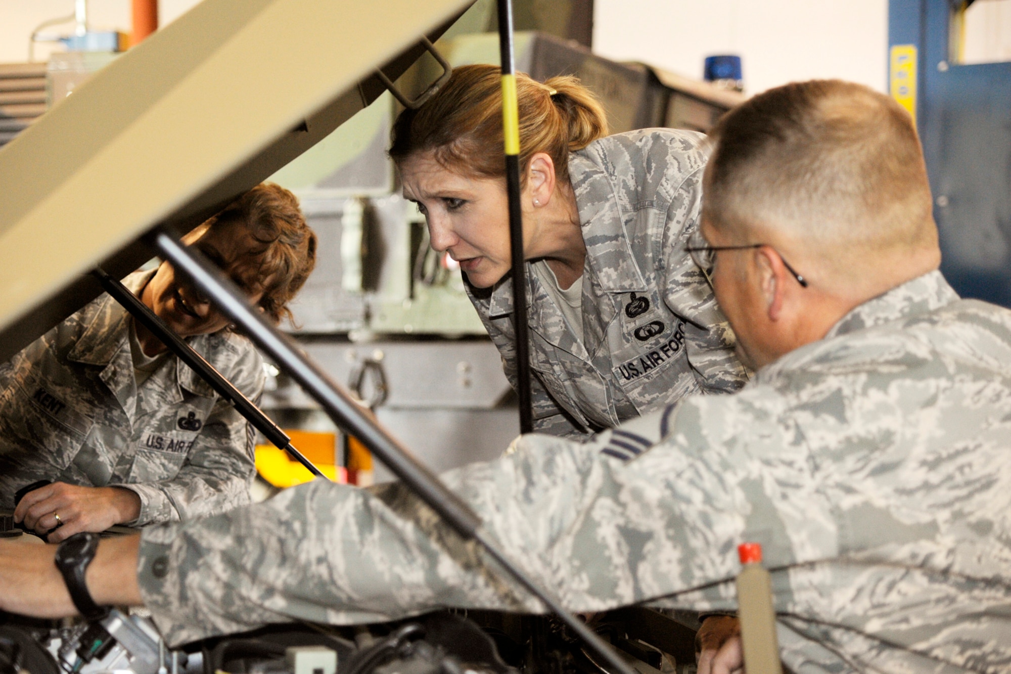 Chief Master Sgt. Tammy Elliott, 20th Air Force command chief, inspects a vehicle at F. E. Warren Air Force Base. (Courtesy photo)