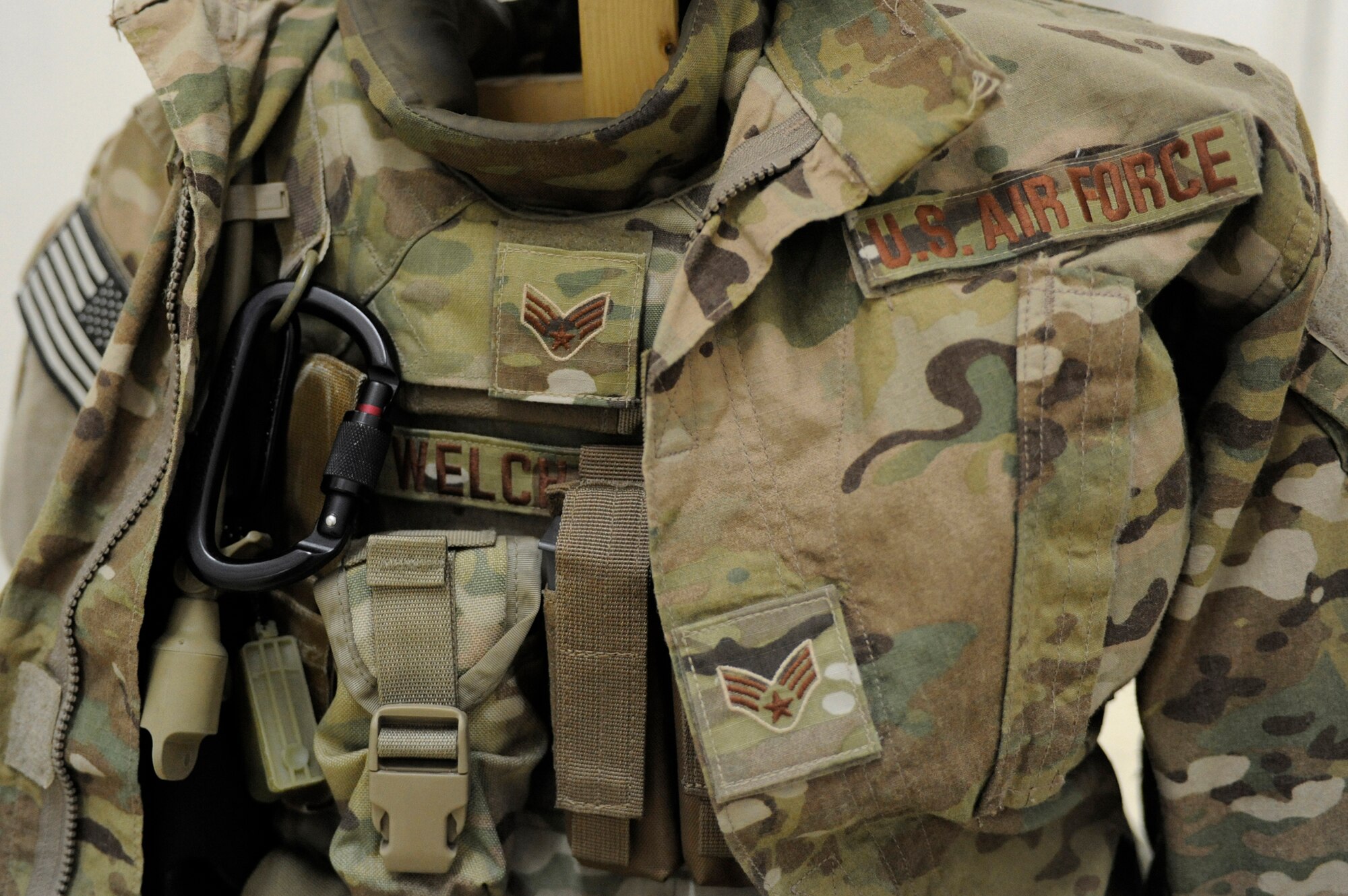 The Operation Enduring Freedom Camouflage Pattern, or OCP, uniform, also known as the "multi-cam," is the Air Force-designated uniform for Airmen performing "outside the wire" missions in Afghanistan.  Airmen wearing OCPs will stand out from their Army and Navy counterparts with "spice brown" colored name and service tapes and enlisted ranks.  (U.S. Air Force photo/Senior Airman Sandra Welch)