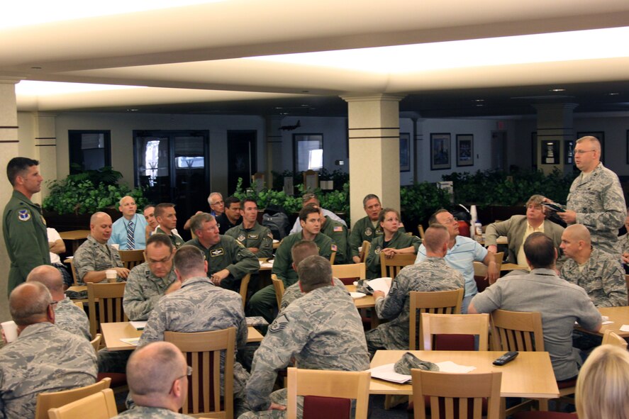 Lt. Col. Chuck Sargent (left), Wings Over Pittsburgh air show director, addresses various organizations involved in coordinating the event during an air show meeting held here July 7. Capt. Randall Gernhardt (right), 911th Security Forces operations officer, expresses concerns over Ewing Road exit ramp closure.  The air show is scheduled for Sept. 10 – 11, 2011. (U.S. Air Force photo/by SrA Melissa S. Knox)