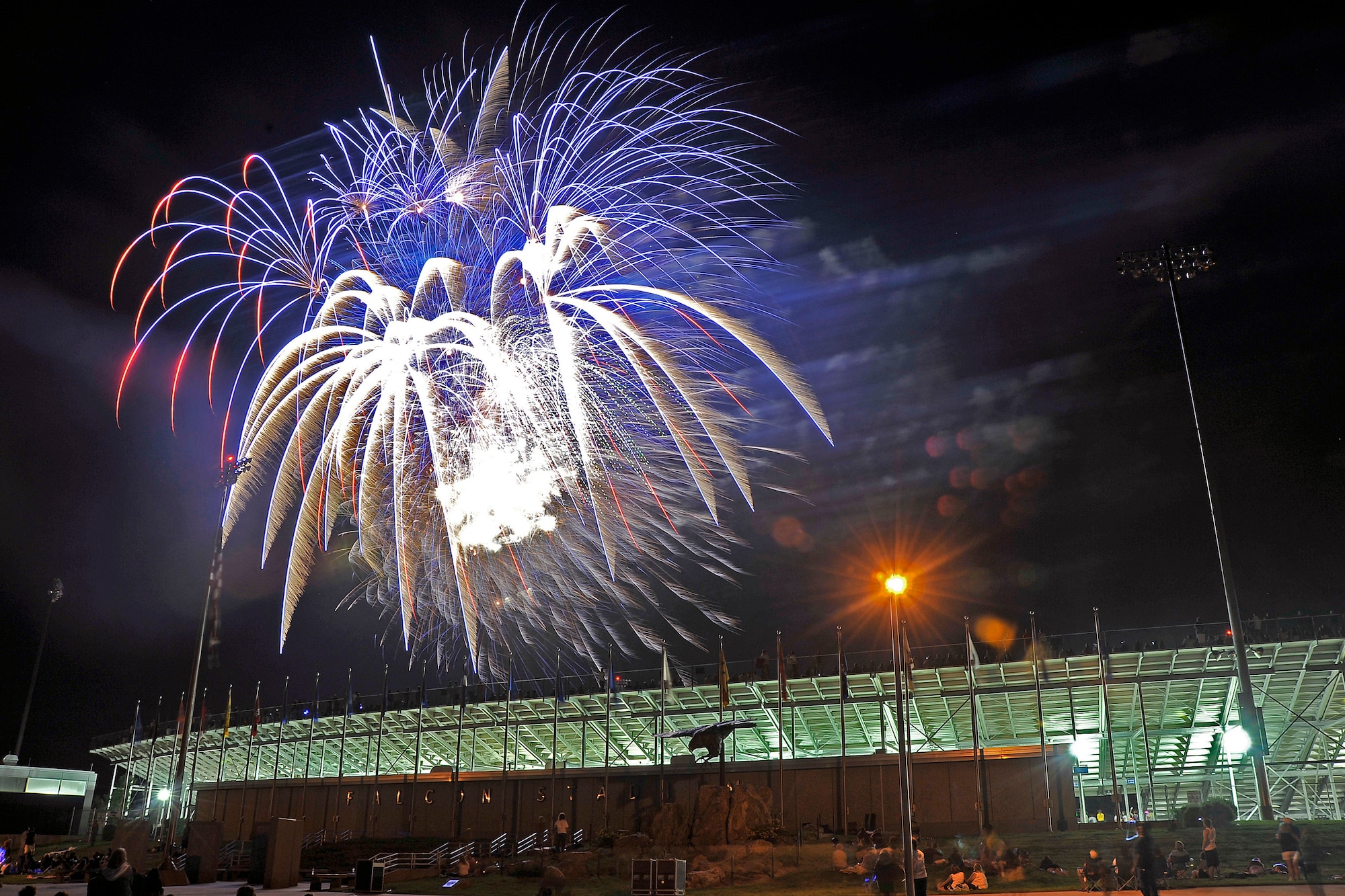 Fireworks illuminate the night sky above Falcon Stadium in Colorado Springs, Colo., during the Air Force Academy's Independence Day celebration July 4, 2011. More than 20,000 visitors came to see the nearly 30-minute fireworks show as well as performances by the Colorado Springs Philharmonic and the Air Force Academy Band. (U.S. Air Force photo/Megan Davis)