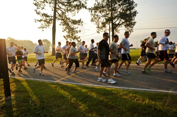 SEYMOUR JOHNSON AIR FORCE BASE, N.C. – Approximately 125 Airmen, dependents and Department of Defense personnel participate in the 5K and 10K Freedom Run on perimeter road here June 30, 2011. The Fitness Center holds three to five fun runs annually depending on weather. The Freedom Run displayed comradery in support of Independence Day celebrations. (U.S. Air Force photo by Tech. Sgt. Colette M. Graham/Released)