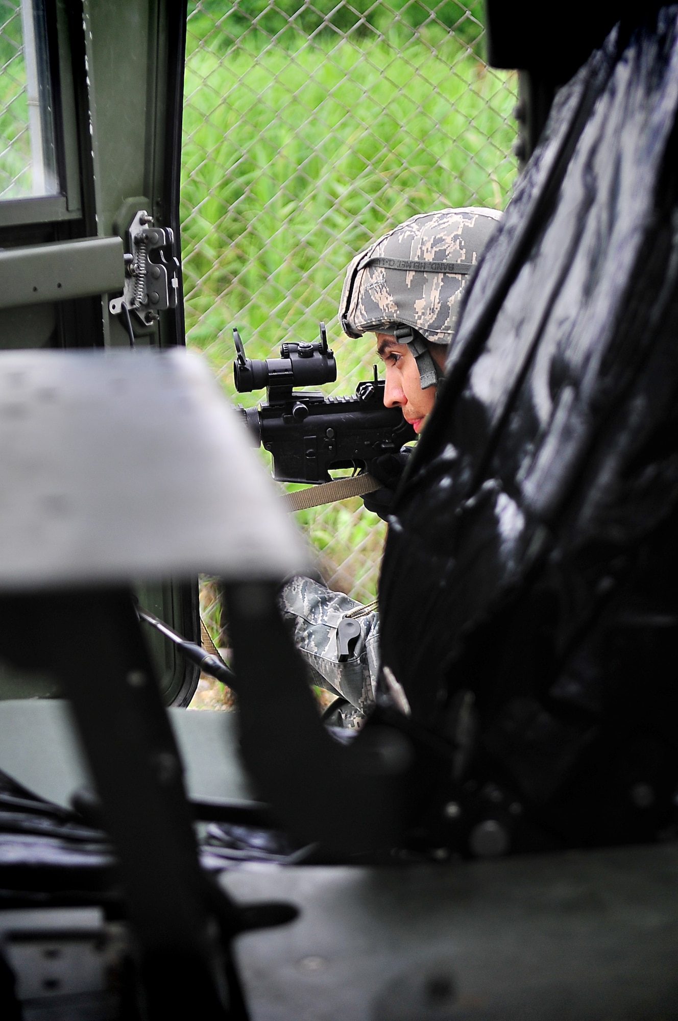 Members of the 51st Security Forces Squadron performed mounting and un-mounting operations training during the combat readiness course at Osan Air Base, June 27.  During training, SF members' reacted to [simulated] improvised explosive devices as well as [hostile] contact left and right drills.  Security Forces members are responsible for ensuring the safety of bases, weapons, property and personnel from hostile forces.