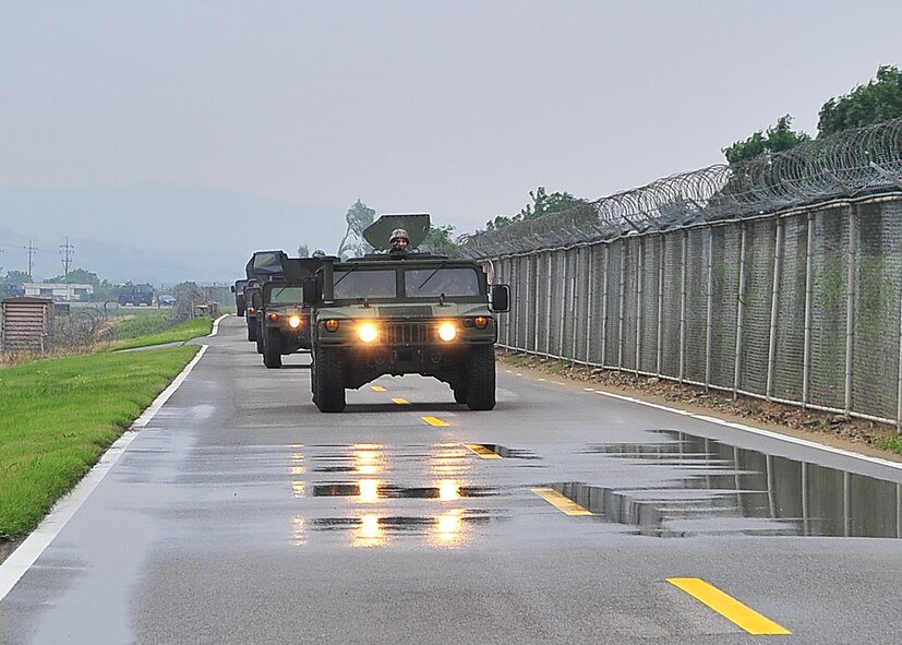 Members of the 51st Security Forces Squadron performed mounting and un-mounting operations training during the combat readiness course at Osan Air Base, June 27.  During training, SF members' reacted to [simulated] improvised explosive devices as well as [hostile] contact left and right drills.  Security Forces members are responsible for ensuring the safety of bases, weapons, property and personnel from hostile forces.