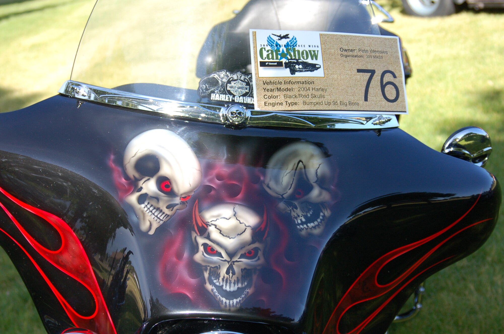 Skulls and flames adorn the front of Pete Weesie's 2005 Harley Davidson. (U.S. Air Force photo by Bill Orndorff)