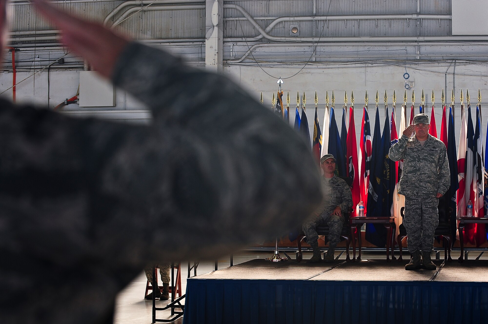 Col. Donald Barnes renders his final salute to the troops relinquishing his command of the 6th Mission Support Group to Col. James Hodges during the Change of Command ceremony at MacDill Air Force Base, Fla., July 6, 2011. (US Air Force photo by Airman 1st Class Melanie Bulow-Gonterman/Released)