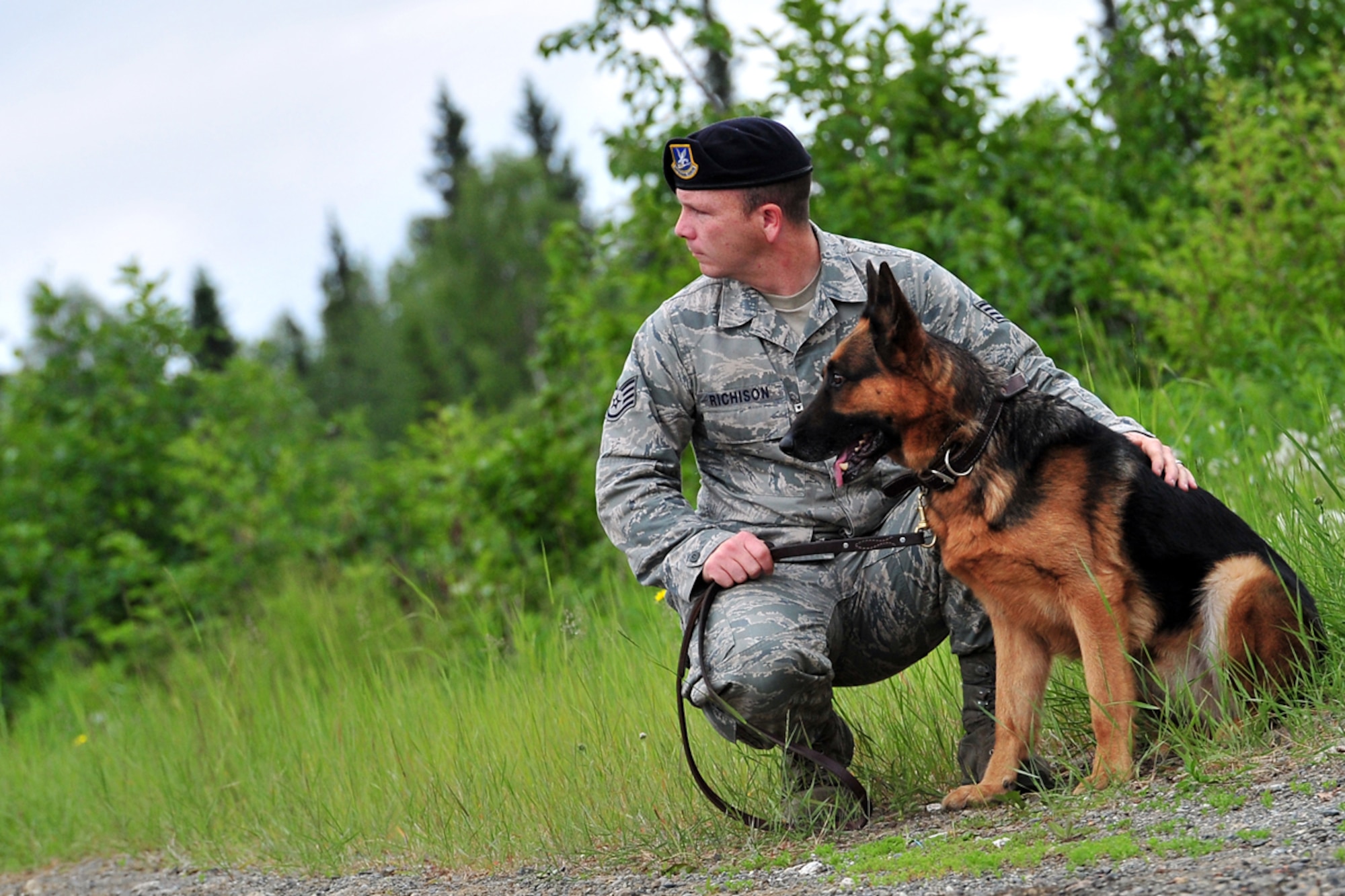 JOINT BASE ELMENDORF-RICHARDSON, Alaska -- Air Force Staff Sgt. Anthony Richison and his German shepherd Dax of 673d Security Forces Squadron wait for K-9 explosives training to begin at Hillberg Ski Area on Joint Base Elmendorf-Richardson, June 20, 2011. Police and military working dogs can be trained to smell miniscule traces of explosives and drugs, even if the substances are in a sealed container. (U.S. Air Force photo/Justin Connaher)