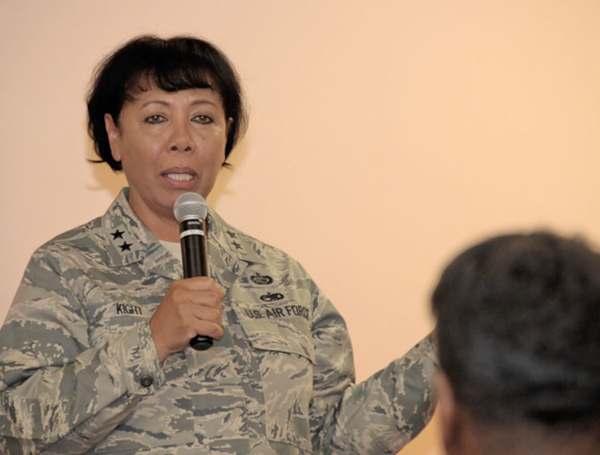 Major General Mary J. Kight, Assistant Adjutant General-Air, California National Guard speaks to room of officers and senior enlisted during her visit to the 146th Airlift Wing, Channel Islands Air National Guard Station, California, on July 09, 2011. MG Kight met with Airmen during two sessions to discuss her views on the value of leadership, mentoring programs and continuing education in the Guard.