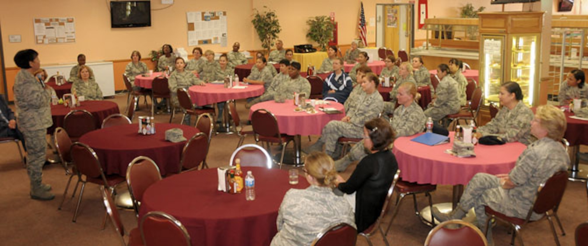 Major General Mary J. Kight, Assistant Adjutant General-Air, California National Guard speaks to a group of female Airmen during her visit to the 146th Airlift Wing, Channel Islands Air National Guard Station, California, on July 09, 2011. MG Kight met with Airmen during two sessions to discuss her views on the value of leadership, mentoring programs and continuing education in the Guard.