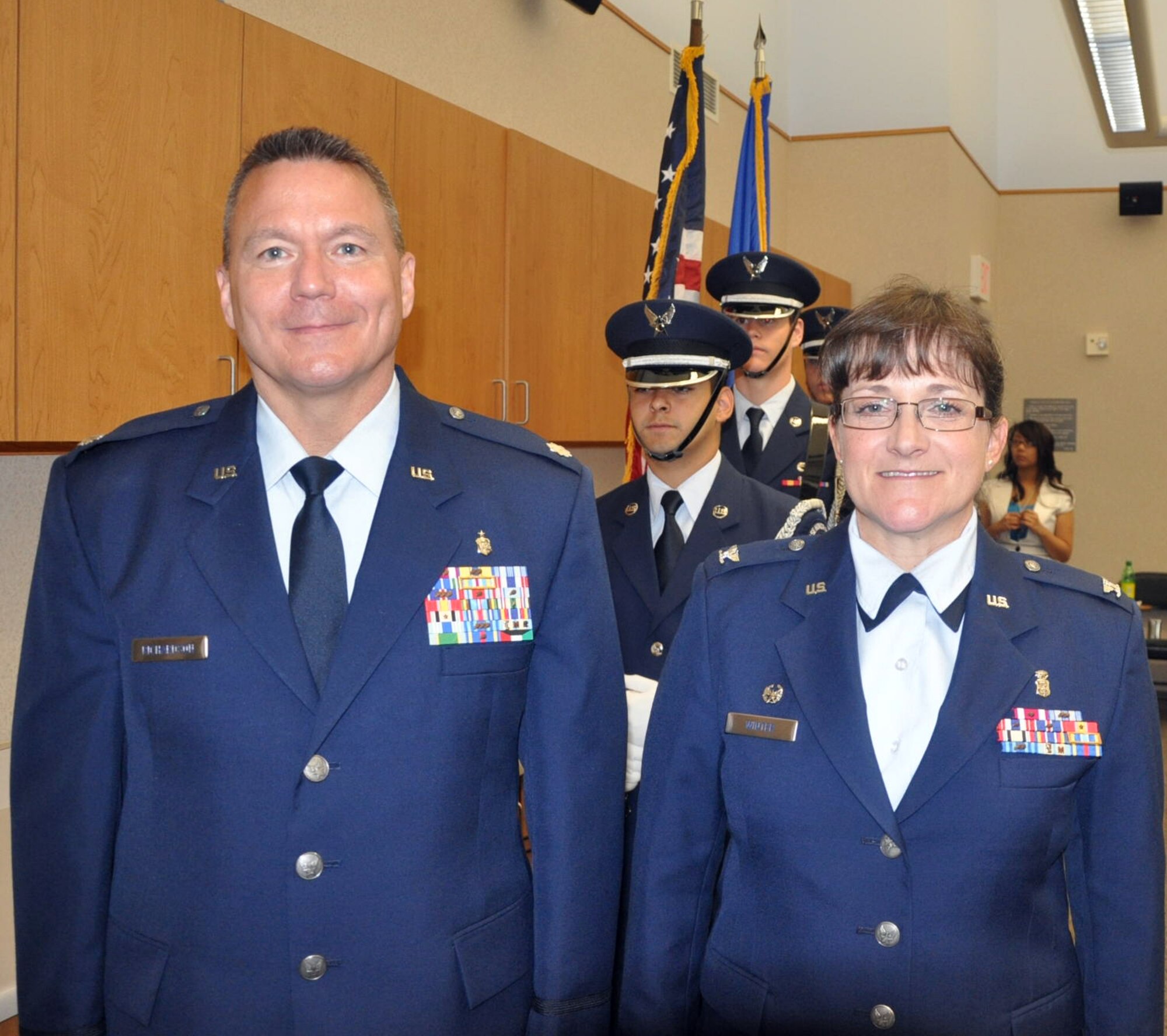 The 446th Aeromedical Staging Squadron bid farewell to Col. Karen Winter, 446th ASTS commander, who retired following a change of command ceremony July 10.  Now commanding the 446th ASTS is Lt. Col. Rob Richardson.  