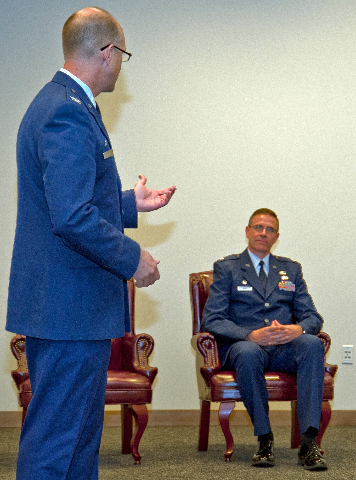 Col. Jay Jensen, 403rd Wing commander, praises Lt. Col. Kevin Riley in
an Assumption of Command ceremony held at the Roberts Maintenance Facility
here during the July Unit Training Assembly.  Though this is the first group
Riley has commanded, he brings a wealth of mission support knowledge having
served more than six years as the 315th MSG deputy commander, Charleston Air
Force Base, S.C.  
