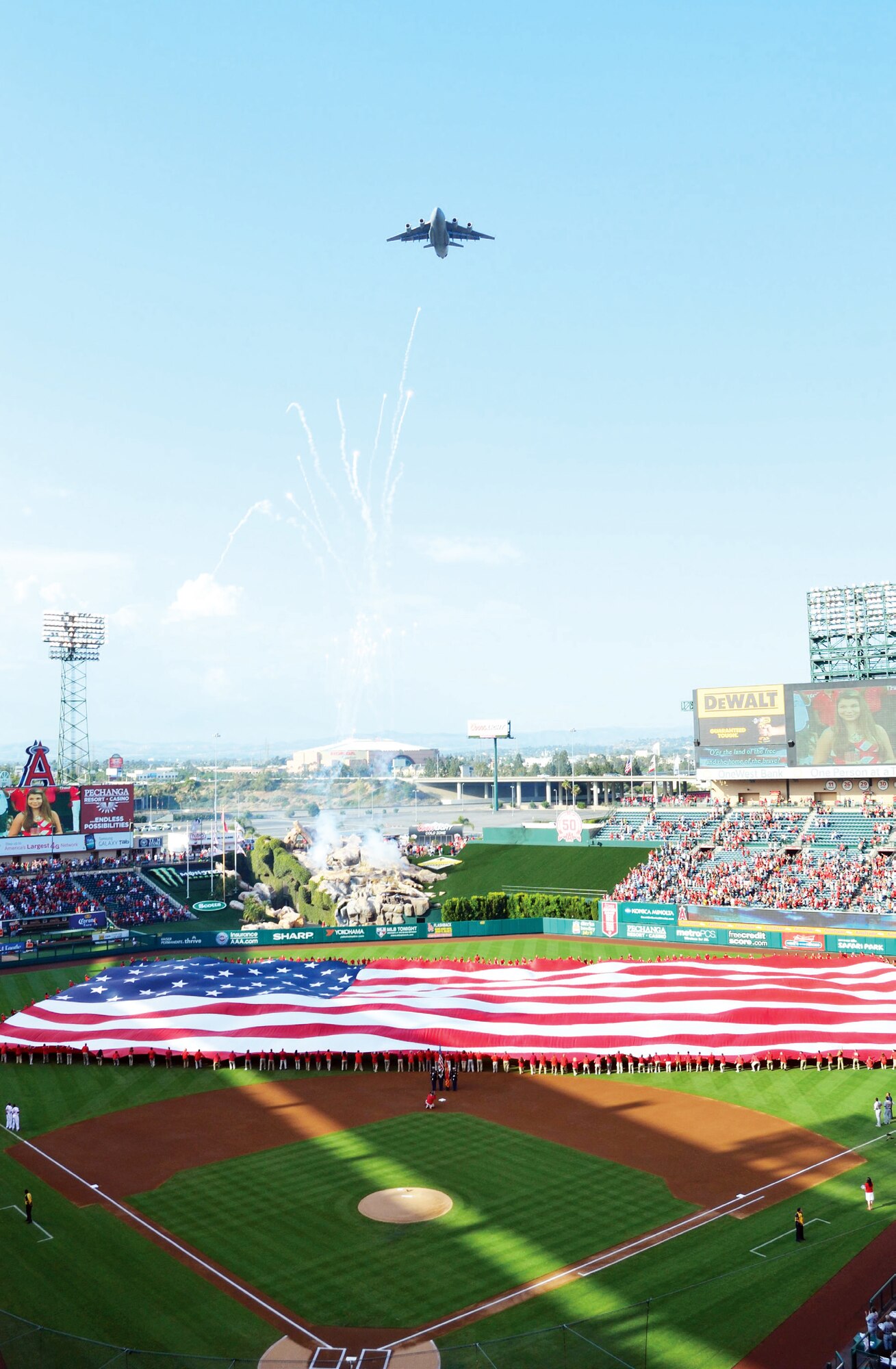A 729th Airlift Squadron C-17 Globemaster III flies over Angel Stadium in Anaheim on July 4. The flyover was the second of 15 Independence Day flyovers for the aircraft. A 912th Air Refueling Squadron KC-135 Stratotanker also made two flyovers on July 4. March Air Reserve Base Facebook and Twitter followers emailed photos to the 452nd Air Mobility Wing Public Affairs Office and shared dozens of March aircraft spottings that day. (U.S. Air Force courtesy photo)

