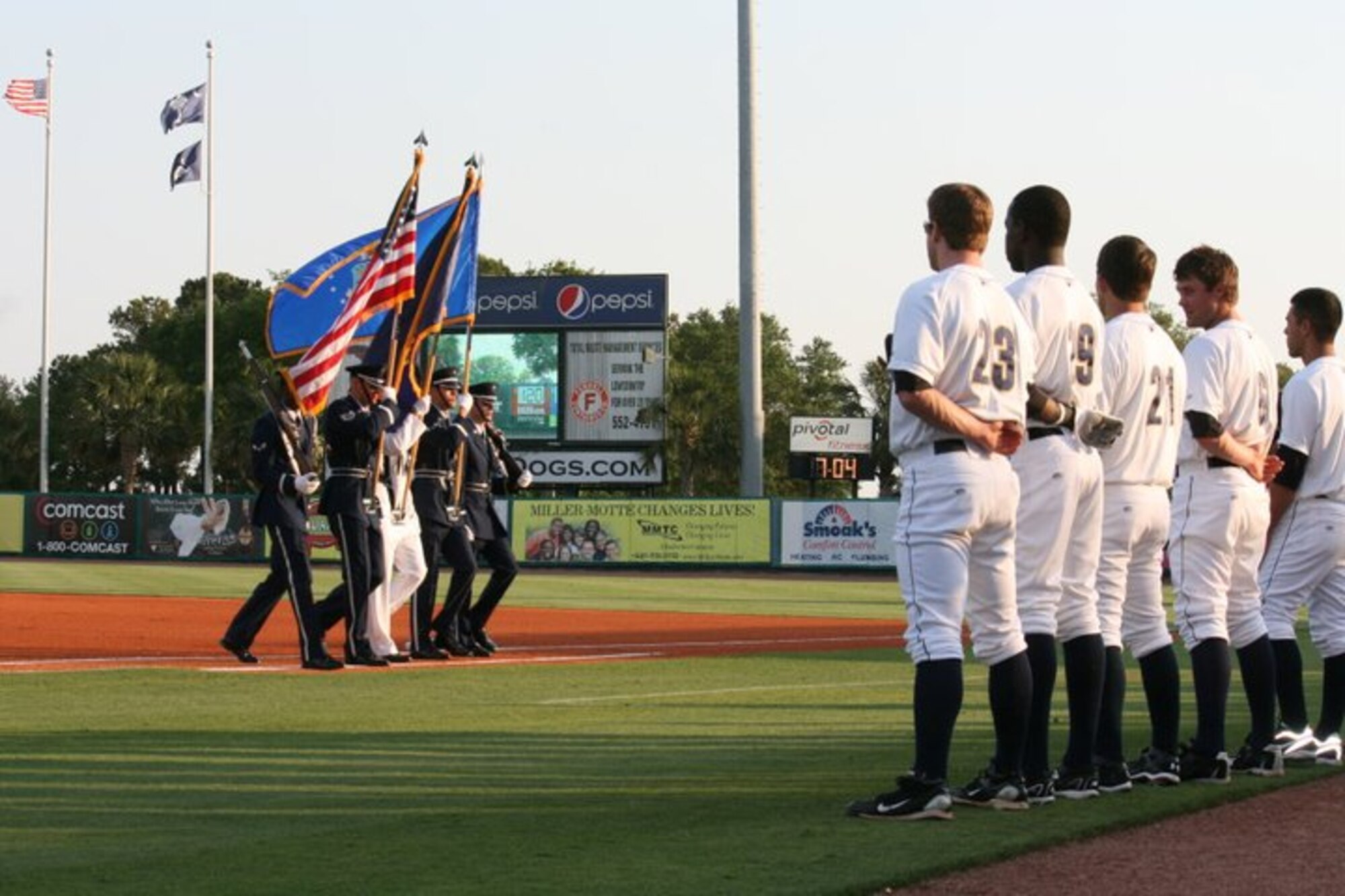 Technical Sergeant Kelly Dixon, 315th Airlift Wing was scheduled to be recognized by the Charleston River Dogs and the Charleston chapter of Women in Defense during an on-field ceremony for her nomination as Military Woman of the Year, on July 9, but due to inclement weather the game was regrettably canceled. (U.S. Air Force photo by Second Lieutenant Jeff Kelly)