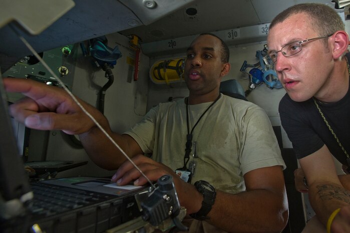 Staff Sgts. Stephen Adams (left) and Steven Holman, 816th Expeditionary Airlift Squadron loadmasters, discuss the load plan for an airdrop resupply mission on a C-17 Globemaster III on July 8, 2011. Later, the C-17 crew airdropped a total of 73,200 pounds of fuel to resupply forces on the ground in Afghanistan. It was one of two re-supply airdrop missions flown by the crew that day. (U.S. Air Force photo/Master Sgt. Jeffrey Allen)
