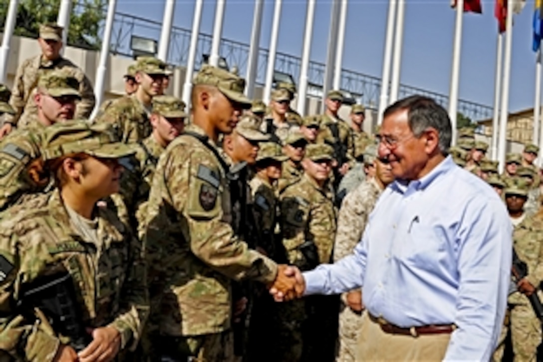 U.S. Defense Secretary Leon E. Panetta meets with troops at Camp Eggers, Kabul, Afghanistan, July 10, 2011.