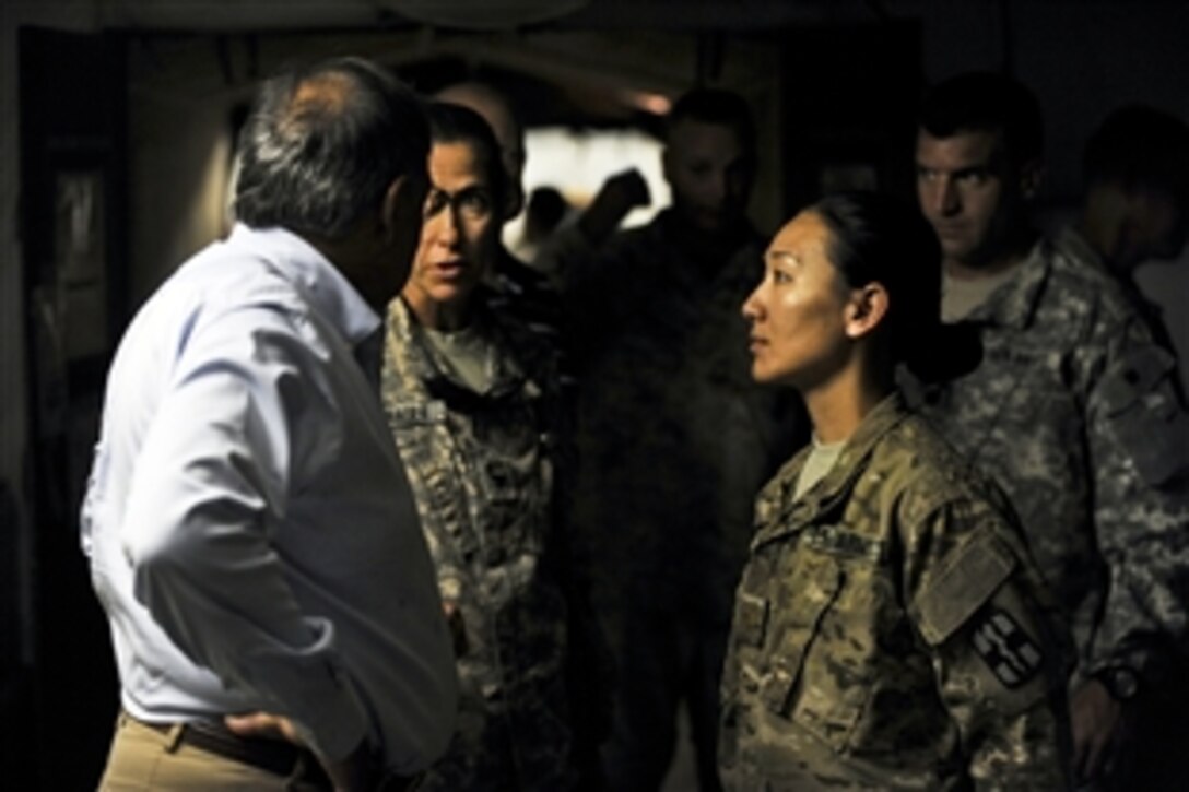 U.S. Defense Secretary Leon E. Panetta visits the 115th Combat Support Hospital at Camp Dwyer, Afghanistan, July 10, 2011.