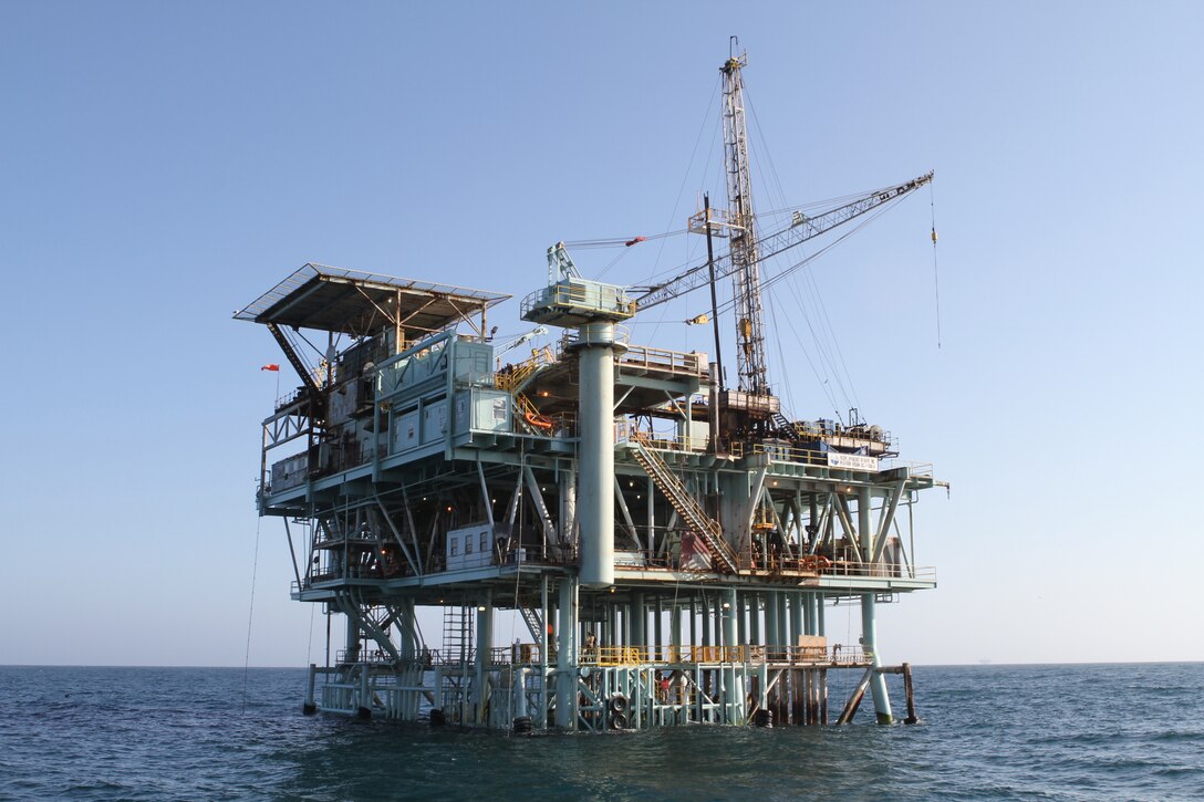 A photo of the oil platform Hogan located off the coast of Carpinteria Calif., July 10. The 11th Marine Expeditionary Unit used the platform to train during their large-scale exercise with ocean and urban-based scenarios.
