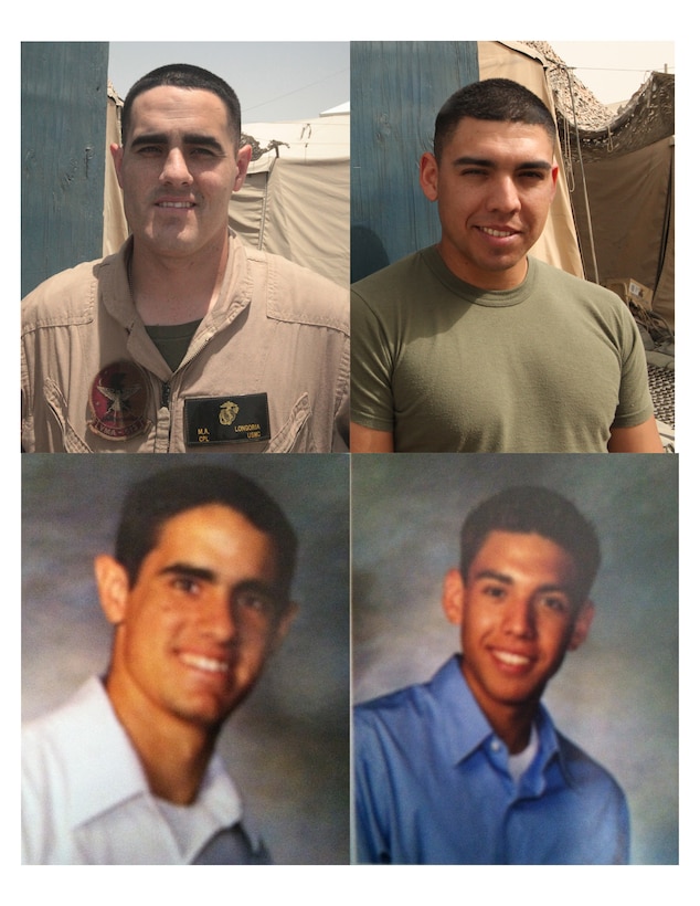 Portraits of Cpl. Marc Longoria, left, a Marine Attack Squadron 513 powerline mechanic, and Sgt. Christopher Pou, right, a VMA-513 quality assurance representative and ordnance technician. The high school friends, both natives of Yuma, Ariz., are currently serving in Kandahar Airfield, Afghanistan, with the Marine Corps Air Station Yuma based AV-8B Harrier squadron.
