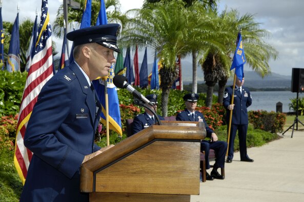 Col. Jeffrey Morgan, outgoing 15th Operations Group commander, speaks about his time at Joint Base Pearl Harbor-Hickam during a change of command ceremony here, July 8. Colonel Jeffrey Morgan is making a permanent change of station to the Pentagon and relinquished command to Col. David Baldessari, 15 OG commander. Colonel Baldessari, a U.S. Air Force Academy graduate, entered the Air Force in 1989. He is a command pilot with more than 3,700 flight hours. He previously served as the United States Transportation Command Liaison Officer to North American Aero Space Defense. (U.S. Air Force photo/Dave Underwood) 
