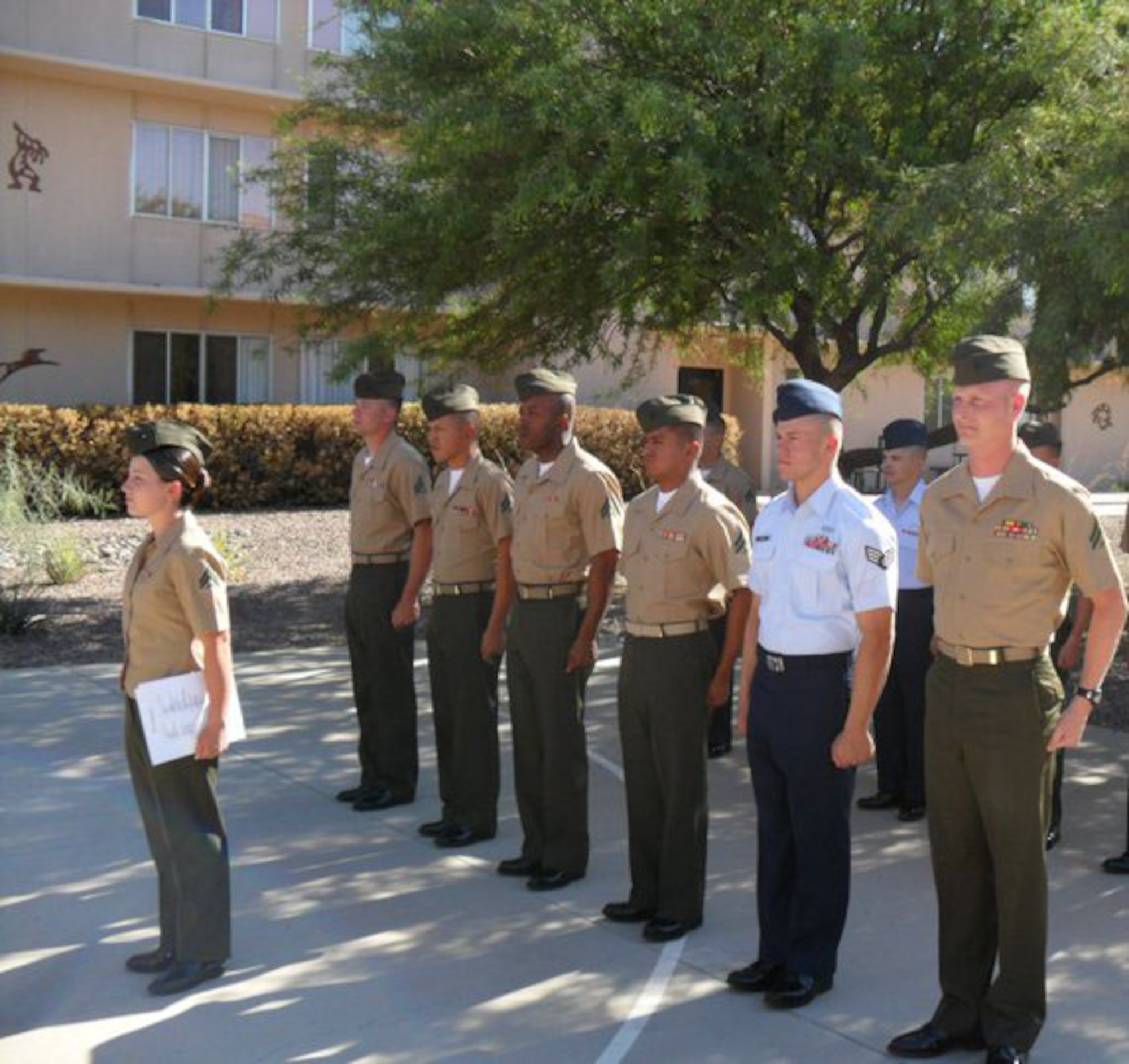 U.S. Air Force Senior Airman Alexander Rodman stands in formation with some of his classmates during a training session of the Corporals Course held at Davis-Monthan Air Force Base, Ariz. June 10-14. Six Airmen recently attended the Marine Corps’ Corporals Course, a program which trains corporals for their transition to the rank of noncommissioned officer. (Courtesy photo)