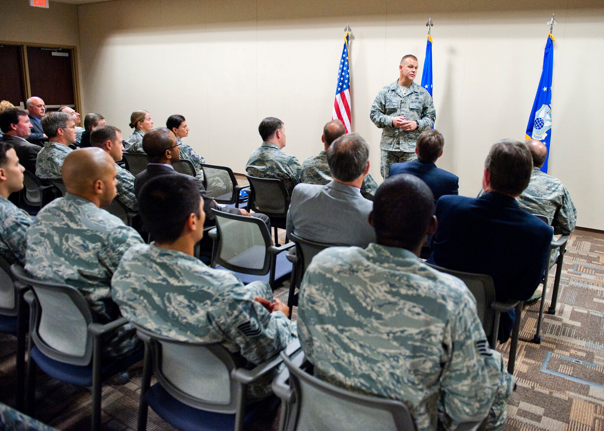 Chief Master Sergeant of the Air Force James A. Roy speaks to civilians and military members July 11, 2011, during an "all-call" at the Air Force Office of Special Investigations headquarters at Marine Corps Base Quantico, Va. (U.S. Air Force photo/Mike Hastings)