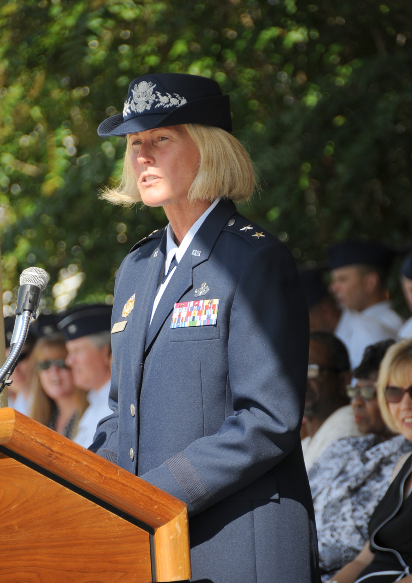 Maj. Gen. Mary Kay Hertog speaks at the 2nd Air Force change of command ceremony Sept. 9, 2009.  (U.S. Air Force photo by Kemberly Groue)