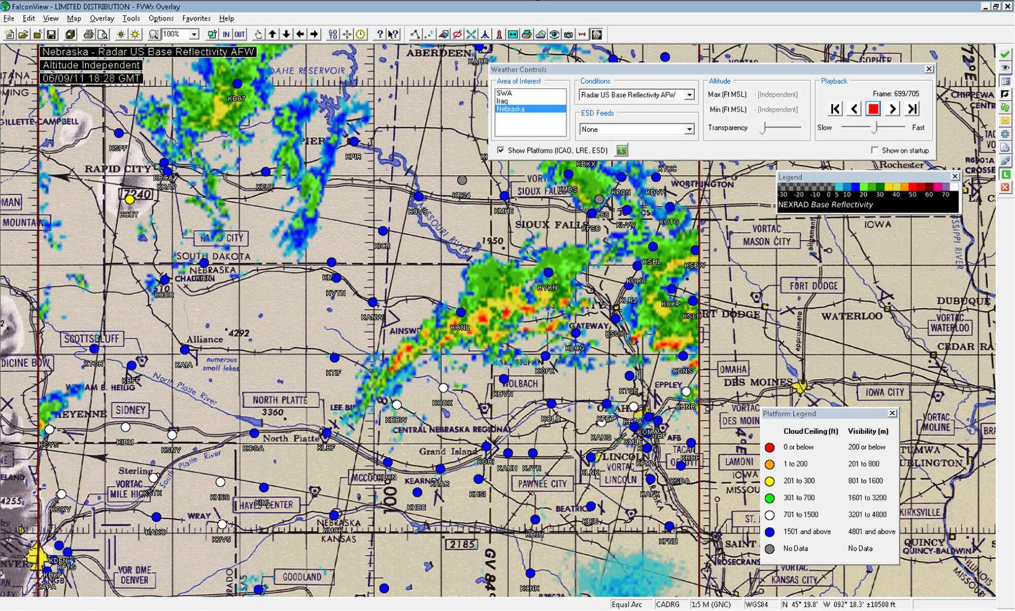 A radar image from FalconView Weather shows cloud ceiling with observation points over Nebraska. A team from the Electronic Systems Center at Hanscom Air Force Base, Mass., is working to make this weather situational awareness capability available to warfighters. (Courtesy graphic)