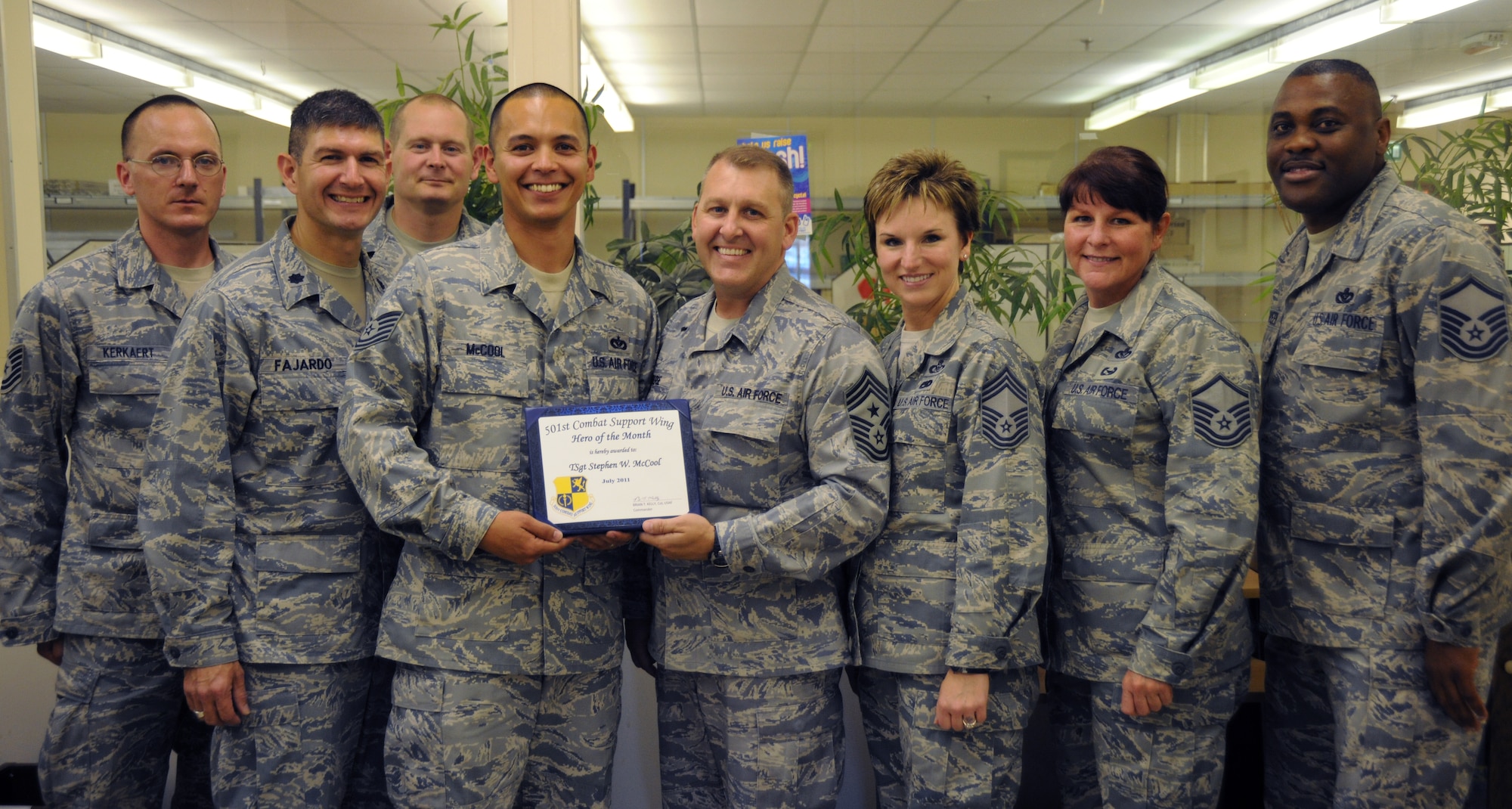 RAF ALCONBURY, United Kingdom - Tech. Sgt. Stephen McCool, 423rd Civil Engineer Squadron, was recognized July 8 as a 501st Combat Support Wing Everyday Hero. Sergeant McCool is responsible for ordering material for more than 440 facilities and 220 family housing units. He also maintains items in the self-help store, which is utilized by all facility managers, dorm and housing residents.