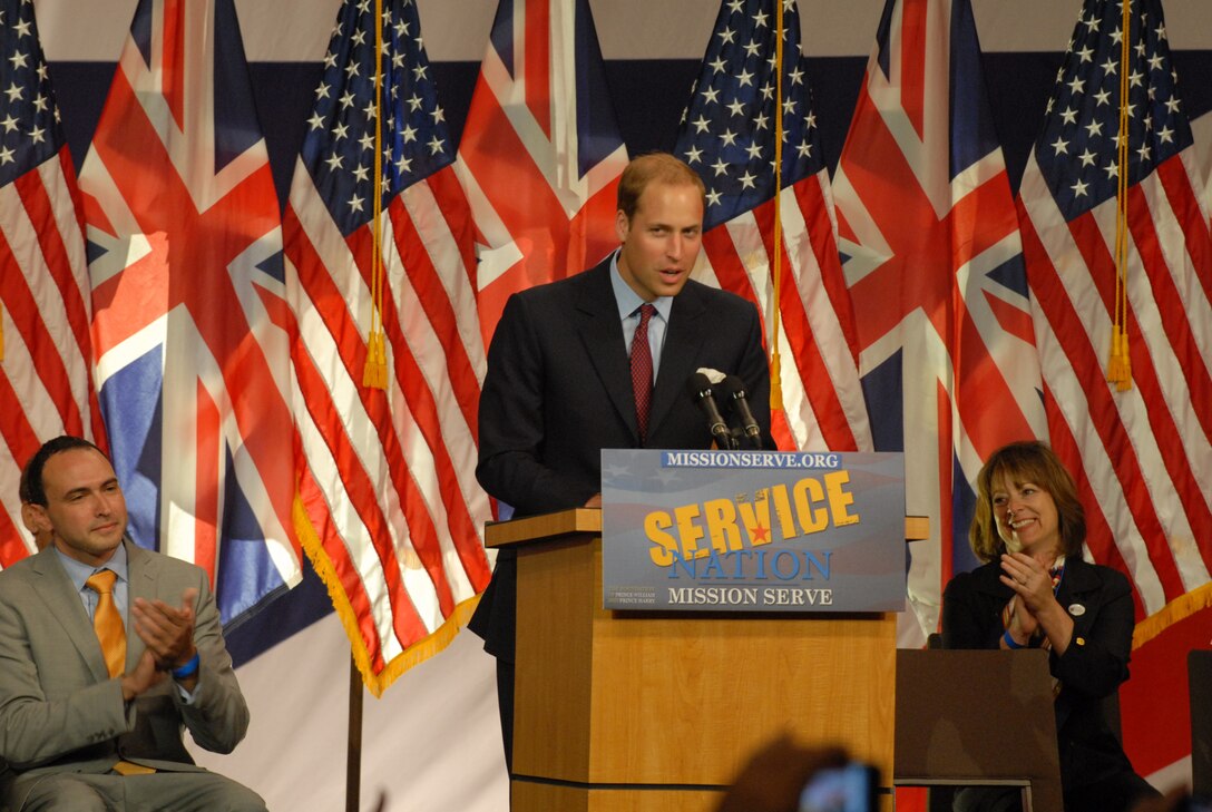 Great Britain’s Prince William speaks to the attendees of a veteran and