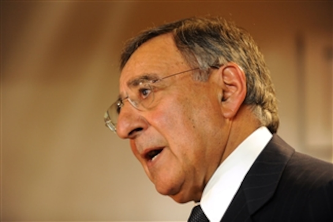 Secretary of Defense Leon E. Panetta meets with members of the press at Camp Eggers, Kabul, Afghanistan, on July 10, 2011.  