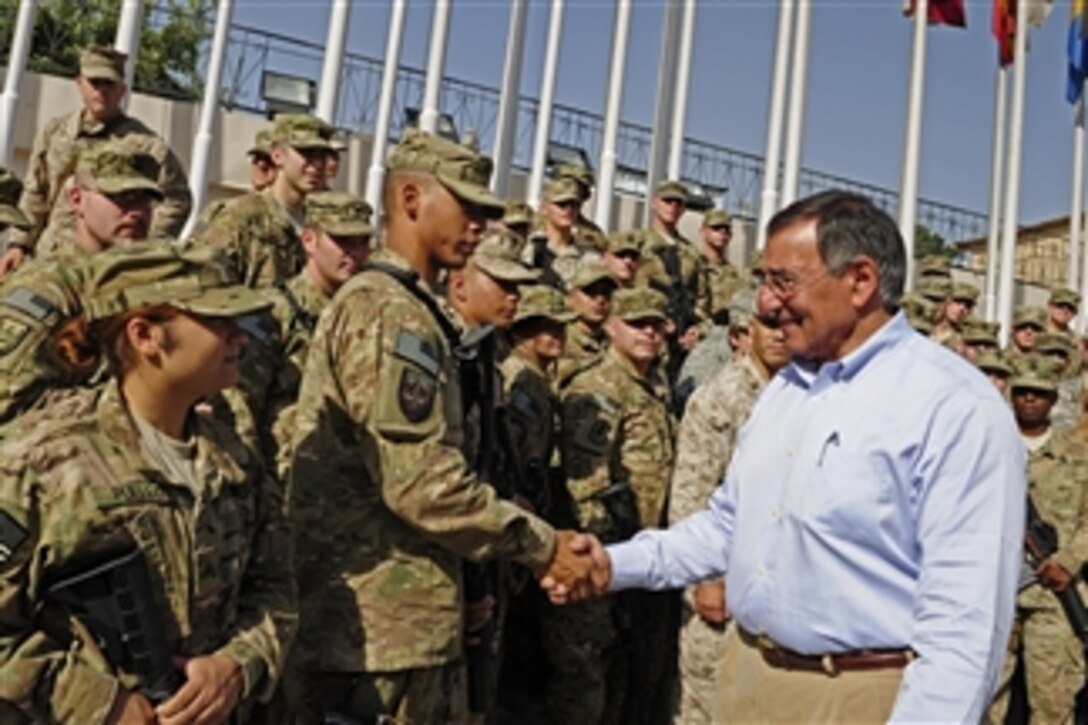 Secretary of Defense Leon E. Panetta meets with troops at Camp Eggers, Kabul, Afghanistan, on July 10, 2011.  