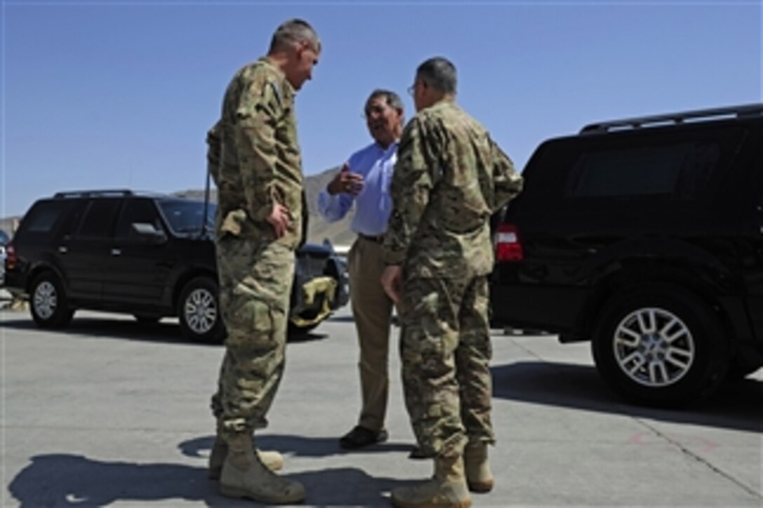 Secretary of Defense Leon E. Panetta meets current Commander of ISAF Joint Command Lt. Gen. David Rodriguez (left) and incoming Commander of ISAF Joint Command Lt. Gen. Curtis Scaparrotti at Camp Eggers, Kabul, Afghanistan, on July 10, 2011.  