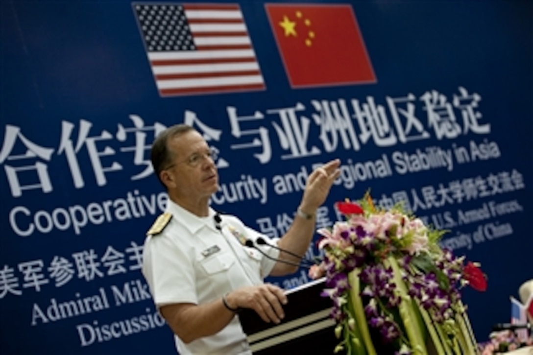 Chairman of the Joint Chiefs of Staff Adm. Mike Mullen addresses students and faculty at Renmin University of China in Beijing on July 10, 2011.  Mullen is on a three-day trip to the country meeting with counterparts and Chinese leaders.  